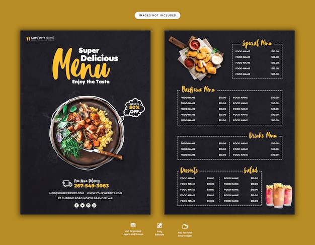 Modello di volantino di menu e ristorante di cibo