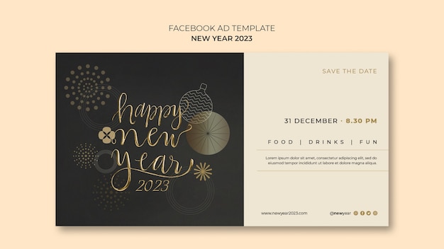 Modello facebook d'oro per il nuovo anno 2023