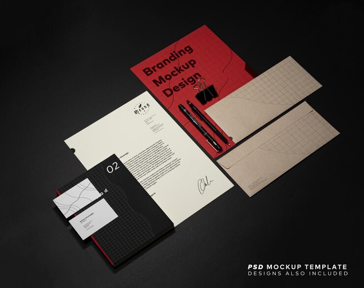 Modello mockup di branding di cancelleria con busta per biglietti da visita di carta intestata A4