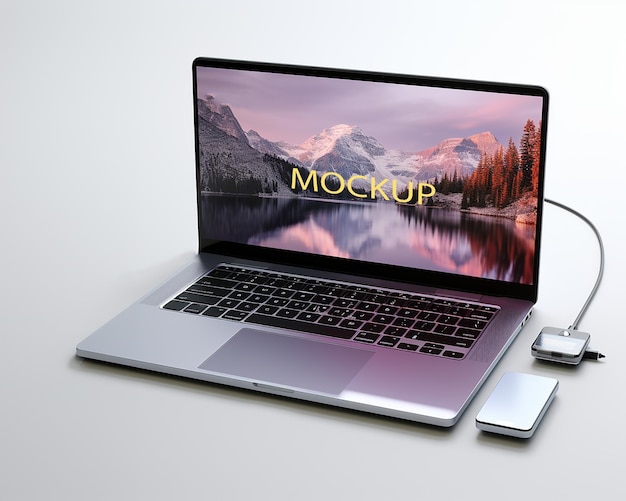 Modello Photoshop Mockup per laptop aperto con illustrazione dello screen saver inclusa generata dall'intelligenza artificiale