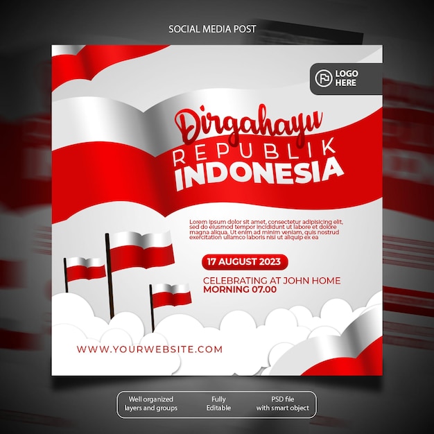 modello psd dei social media della festa dell'indipendenza dell'indonesia con l'illustrazione della bandiera dell'indonesia