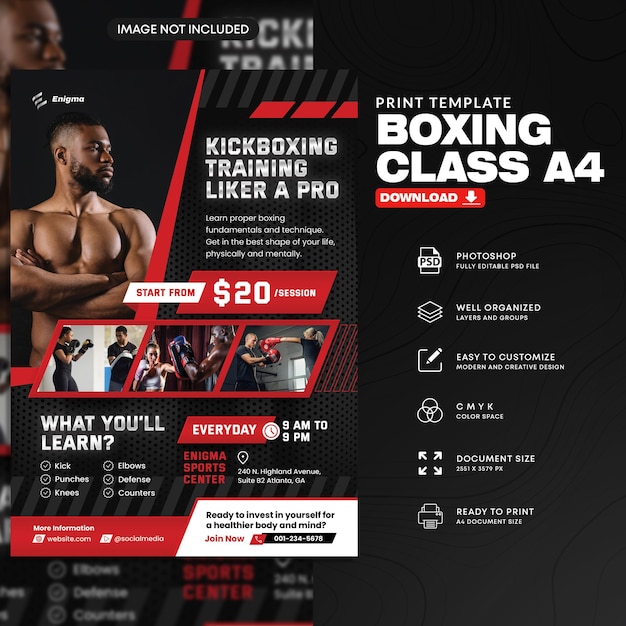 Modello PSD del volantino della classe di boxe