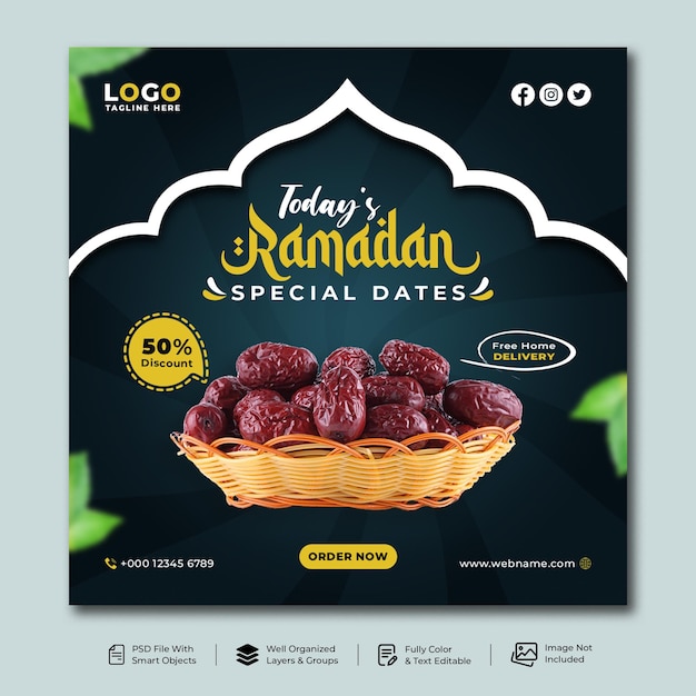 Modello PSD Premium di progettazione di banner per post sui social media islamico Ramadan Kareem Food