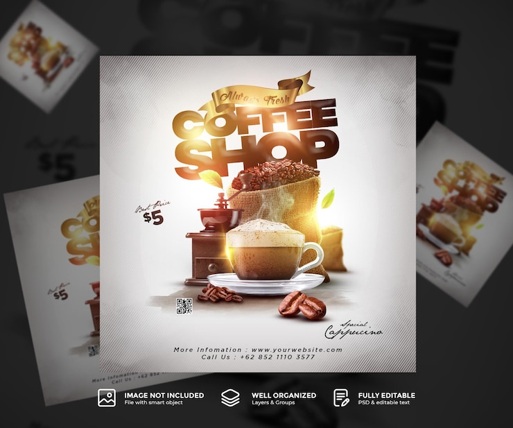 PSD modello quadrato di promozione del menu delle bevande della caffetteria