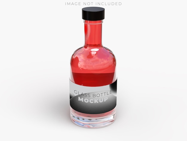 Modello realistico di bottiglia di vetro 3D isolato con coperchio di etichetta vuoto e liquido all'interno Modello di contenitore per bevande alcoliche acqua prodotto liquido shampoo birra soda oli vegetali o succhi di vetro