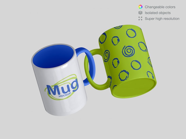 Modello realistico di mockup di due tazze di ceramica classico galleggiante realistico