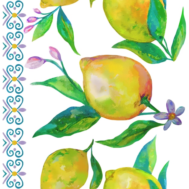 Modello senza cuciture con limoni e ornamenti disegnati a mano con vernici