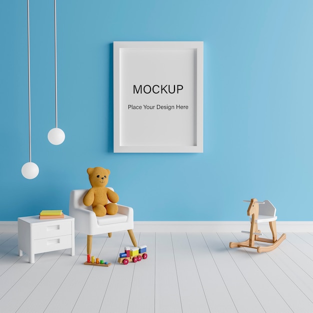 Modellplakatrahmen mit niedlichem teddybär für eine jungen-babyparty-3d-darstellung