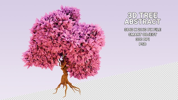 Modelo 3d aislado de árbol con hojas rosadas abstractas sobre fondo transparente