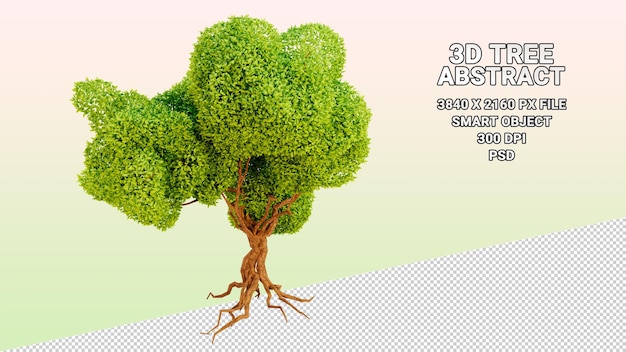 PSD modelo 3d aislado de árbol con hojas verdes abstractas sobre fondo transparente