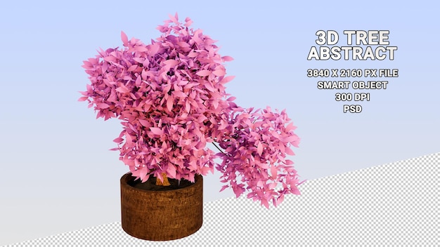 Modelo 3d aislado de un árbol en maceta con hojas rosas abstractas sobre un fondo transparente