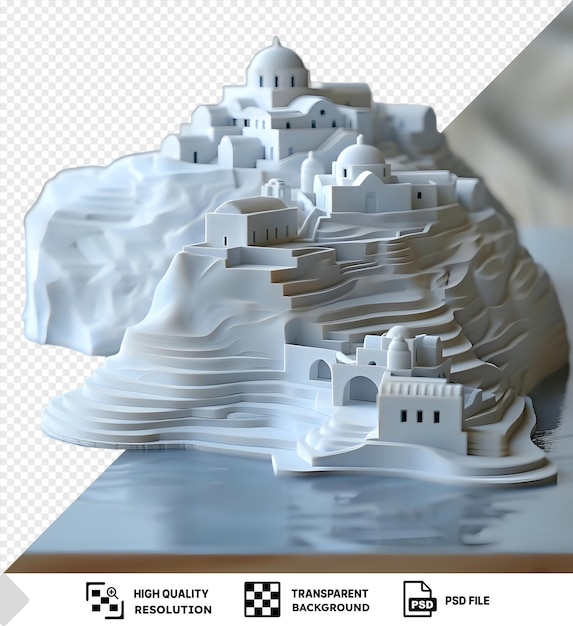 PSD modelo 3d aislado de la caldera de santorini con un edificio blanco y una pequeña ventana