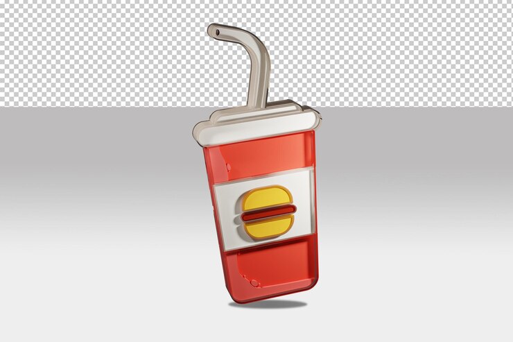 Modelo 3d de bebida gaseosa con archivo psd de logotipo de hamburguesa con vista en la rotación inferior izquierda