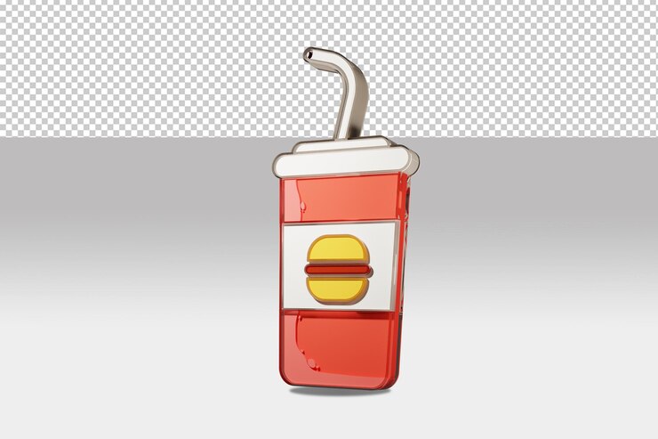 Modelo 3d de bebida gaseosa con archivo psd de logotipo de hamburguesa con vista en la rotación superior derecha