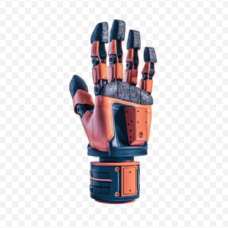 PSD un modelo 3d de un brazo robótico con un guante negro y naranja