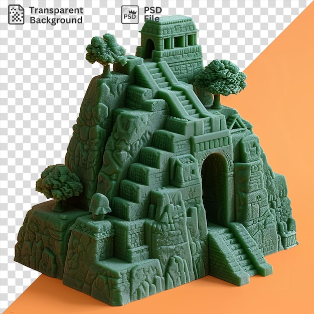 PSD modelo 3d de machu picchu com um edifício de pedra e uma árvore verde com uma pequena janela em primeiro plano