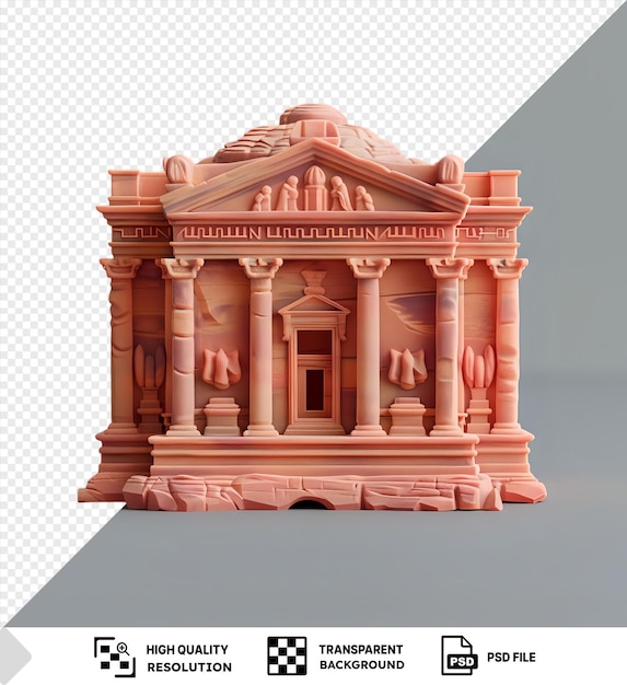 PSD modelo 3d do edifício do tesouro de petra com uma coluna branca e um edifício rosa contra um céu cinza com uma sombra escura em primeiro plano