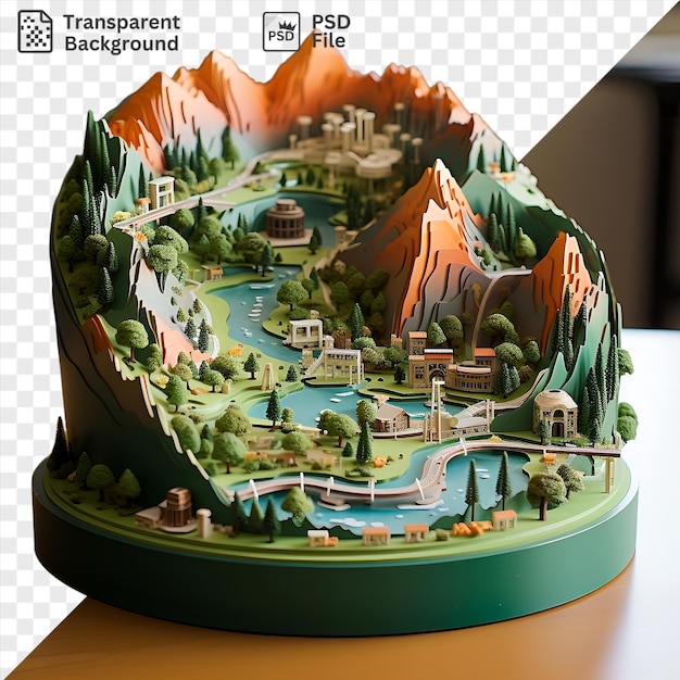 PSD modelo 3d do vale de yosemite com uma pequena árvore verde e uma mesa de madeira marrom