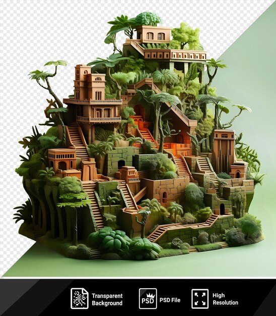 PSD modelo 3d dos jardins pendurados de babilônia com um edifício marrom e uma árvore verde