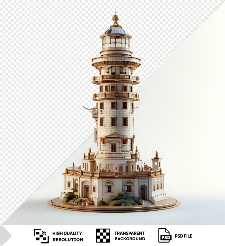 PSD modelo 3d del faro de alejandría con un edificio blanco con una pequeña ventana contra un cielo blanco