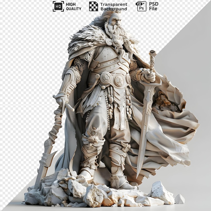 PSD un modelo 3d de un guerrero con una larga barba y armadura sosteniendo una espada con una capa fluida de pie en rocas aisladas en un fondo transparente