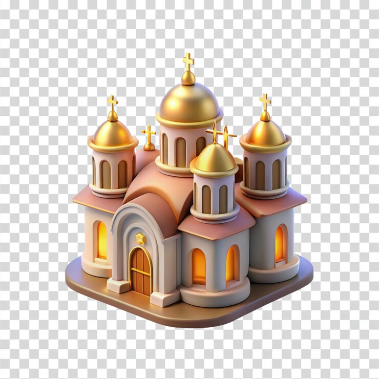 PSD modelo 3d de una iglesia tradicional con cúpulas doradas