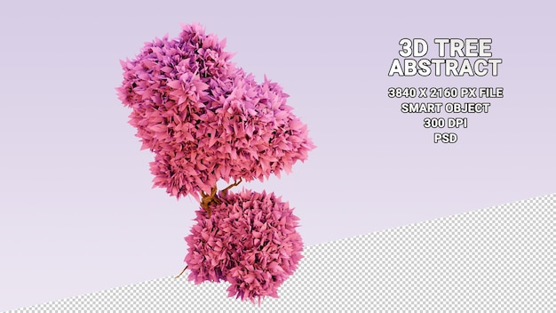 Modelo 3d isolado de árvore com folhas rosa abstratas em fundo transparente