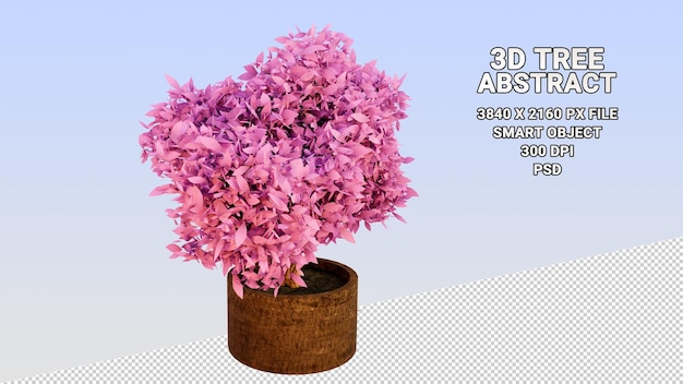 Modelo 3d isolado de uma árvore em vaso com folhas rosa abstratas em um fundo transparente