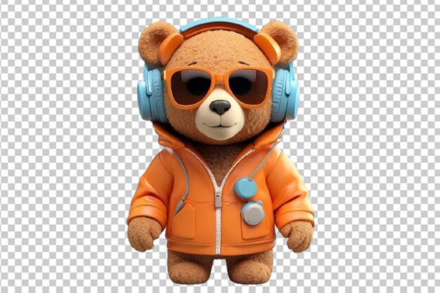 PSD modelo 3d de una linda figura de osito de peluche con auriculares y chaquetas