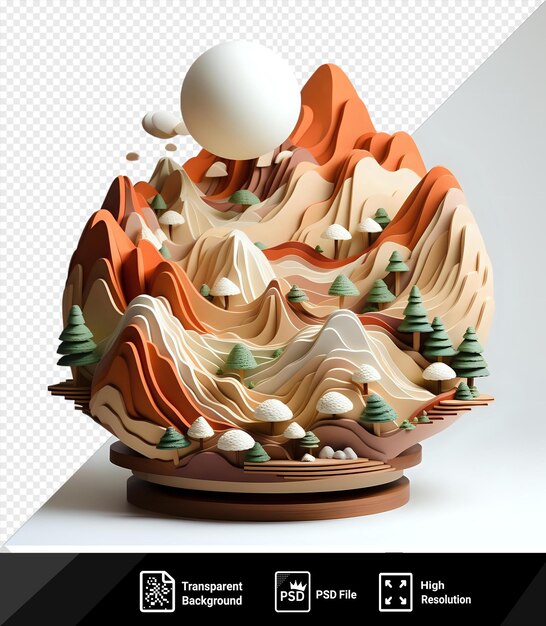 PSD modelo 3d de las montañas del atlas con un árbol verde y un globo blanco