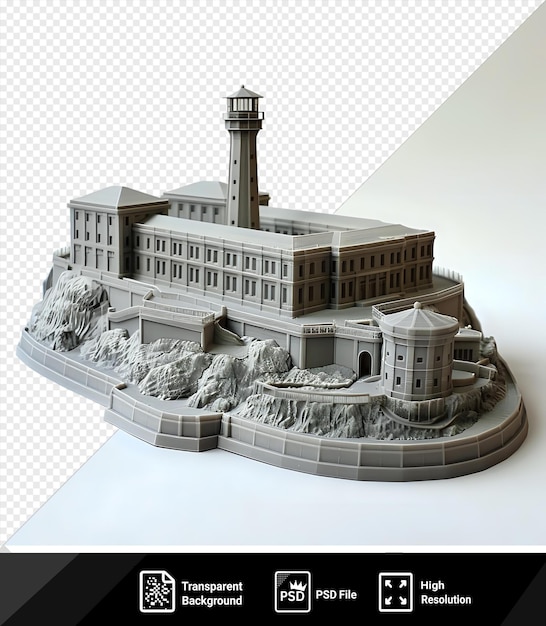 PSD modelo 3d de la penitenciaria federal de alcatraz con una torre alta y un edificio blanco contra un cielo gris y blanco