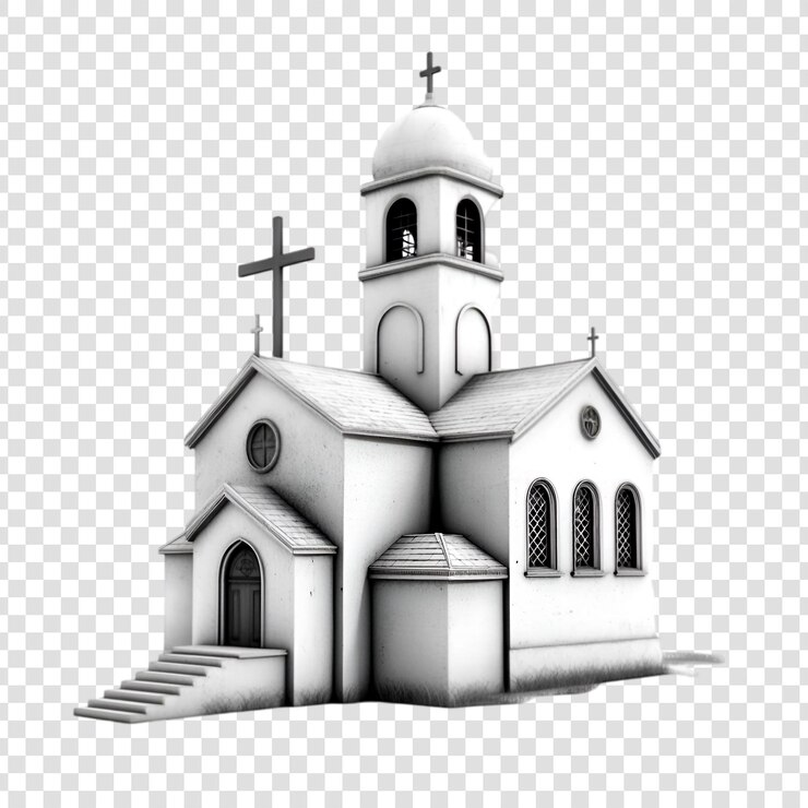 PSD modelo 3d de una pequeña iglesia blanca con escalones de campanario cruzado