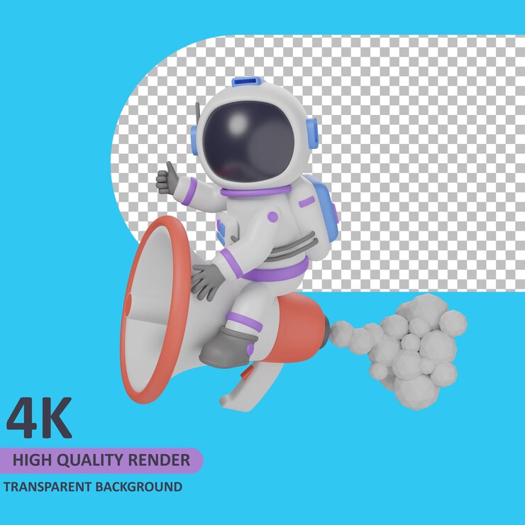 PSD modelo 3d que representa al astronauta infantil que juega con el altavoz de la carga del cohete