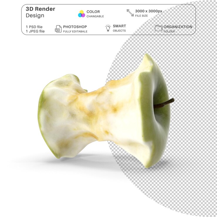 PSD modelo 3d realista de apple stub comido archivo psd detallado para diseños de alimentos y salud