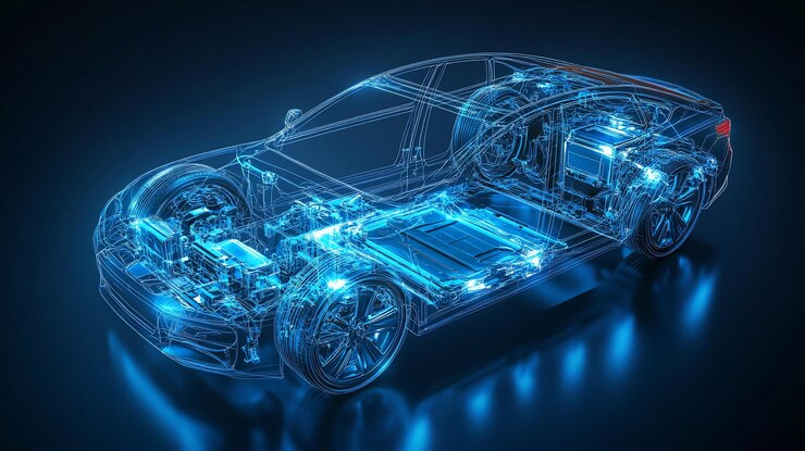PSD modelo 3d transparente de un automóvil que muestra sus componentes internos y estructura