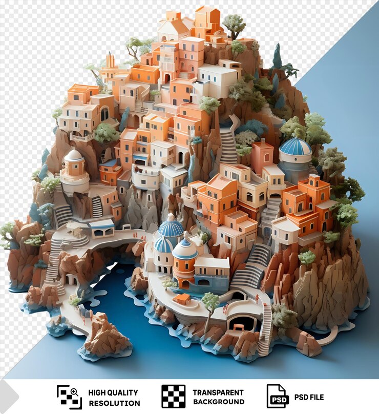 PSD modelo 3d transparente da costa de amalfi com uma pequena árvore verde e um edifício laranja