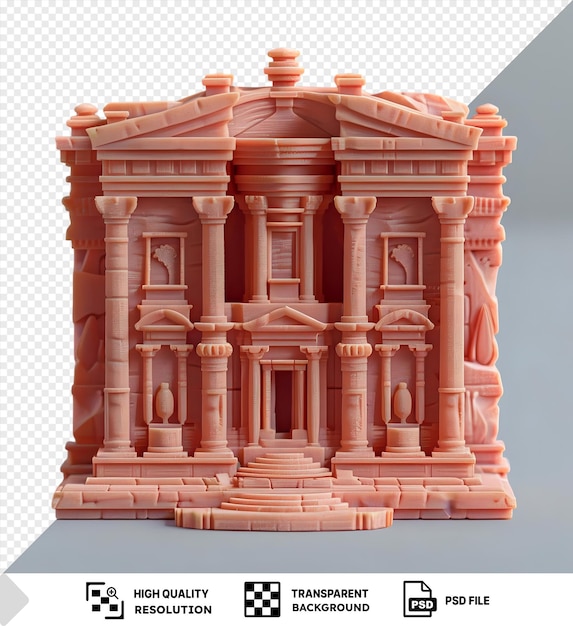 PSD modelo 3d transparente do edifício do tesouro de petra com uma pequena janela e um brinquedo rosa