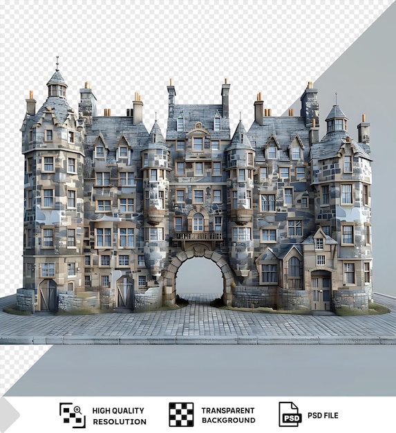 Modelo 3d transparente de la milla real de edimburgo con un edificio gris con una ventana de vidrio contra un cielo gris