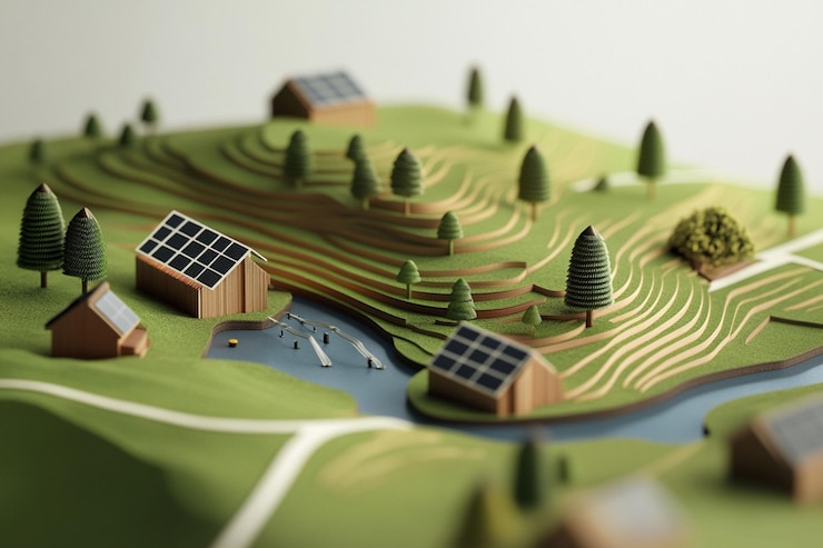 PSD modelo de aldea sostenible con paneles solares, casas, árboles y río