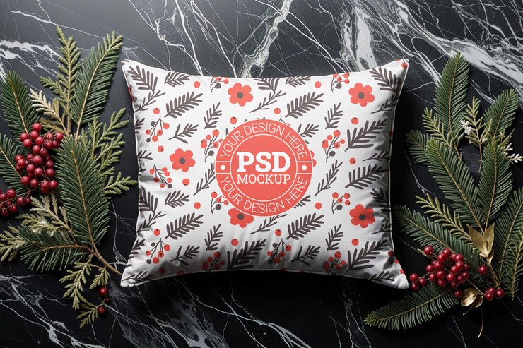 Modelo de almohada de vacaciones en superficie de mármol