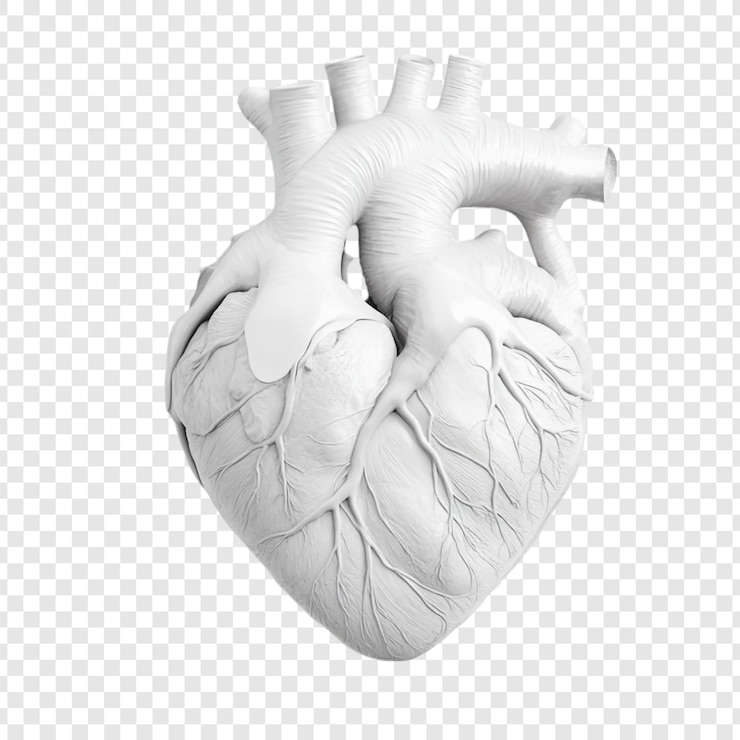 PSD modelo anatómico blanco del corazón en 3d que muestra ventrículos, arterias, venas y detalles del sistema cardiovascular humano