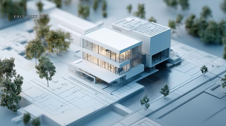 PSD modelo arquitectónico de casa minimalista con plano