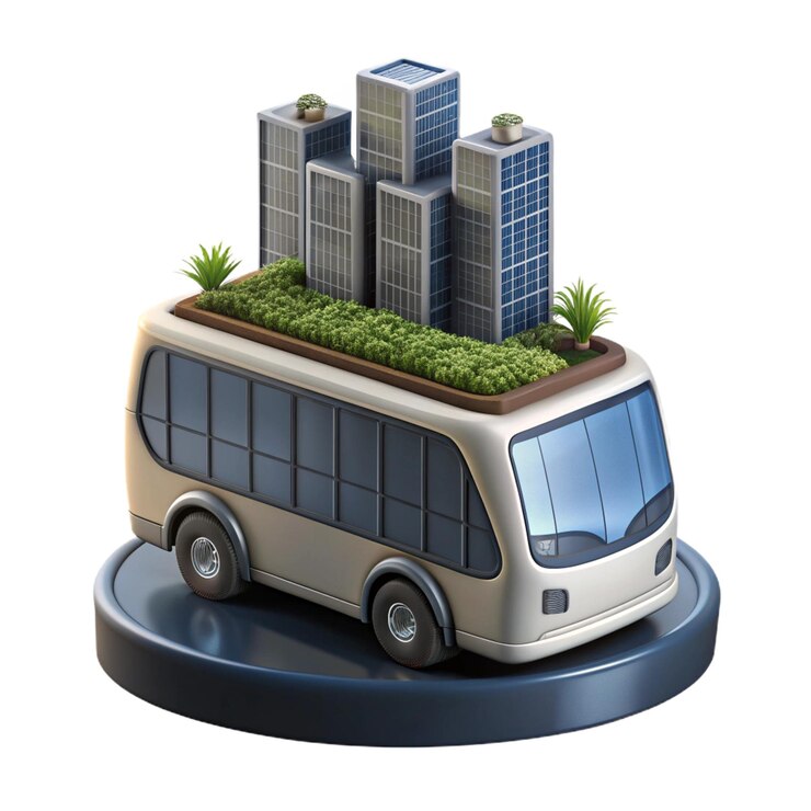 PSD un modelo de un autobús de la ciudad con un edificio en la parte de atrás