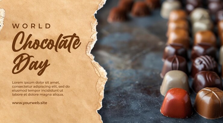 PSD modelo de bandera de chocolate del mundo moderno con chocolates de leche oscura hechos a mano en contra de un rústico oscuro