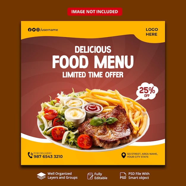 Modelo de banner de redes sociales de menú de comida deliciosa y restaurante