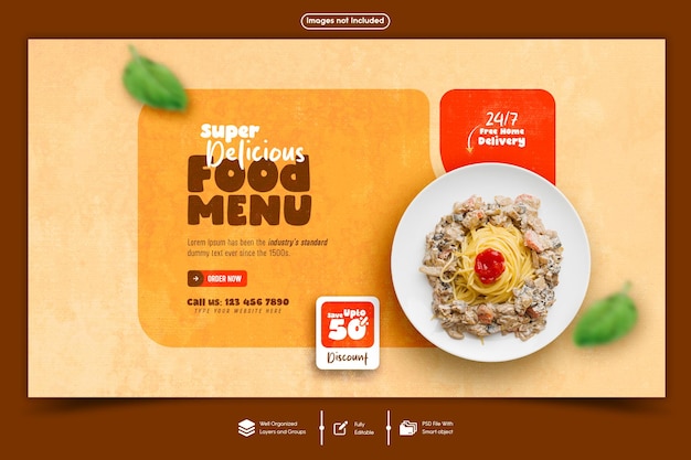 Modelo de banner web de un menú de comida deliciosa y un restaurante