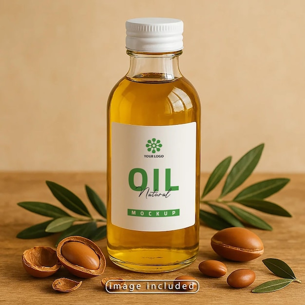 Modelo de botella de aceite de argán con nueces y hojas