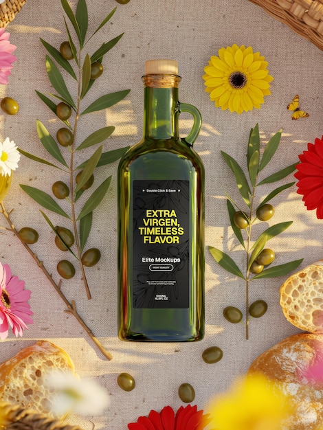 Modelo de botella de aceite de oliva edición de picnic rústico