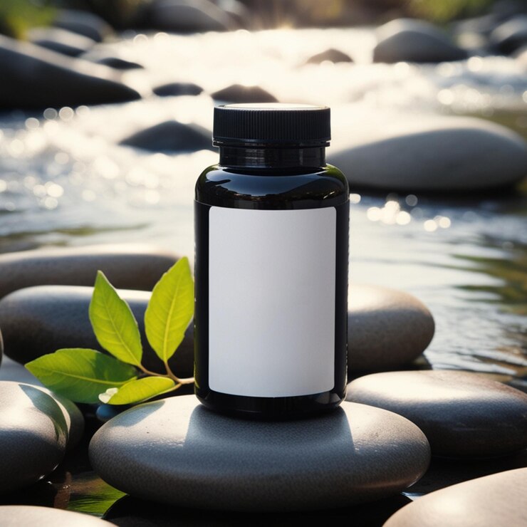 Modelo de botella de suplemento personalizable con elementos ecológicos