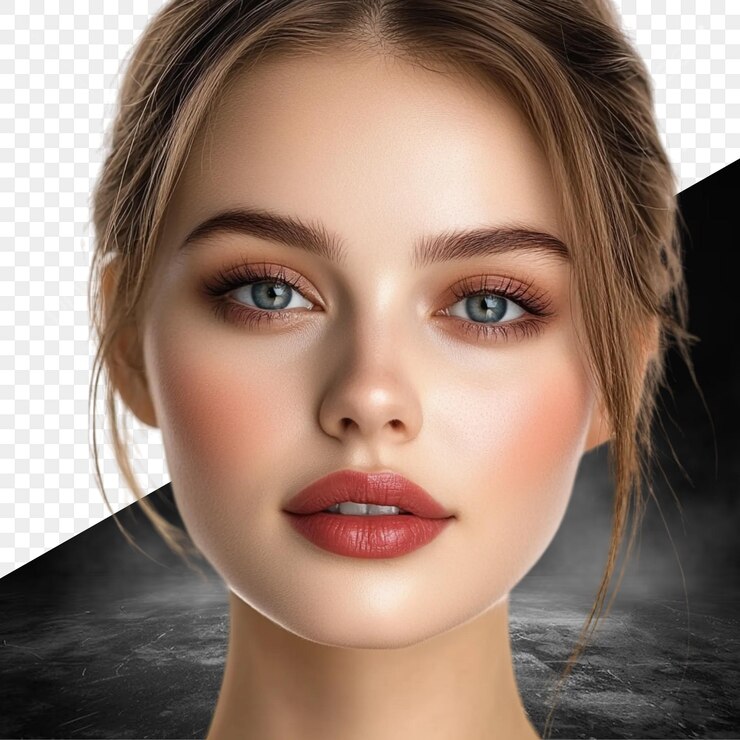PSD un modelo con un brillo de labios rojo y una cara de modelo
